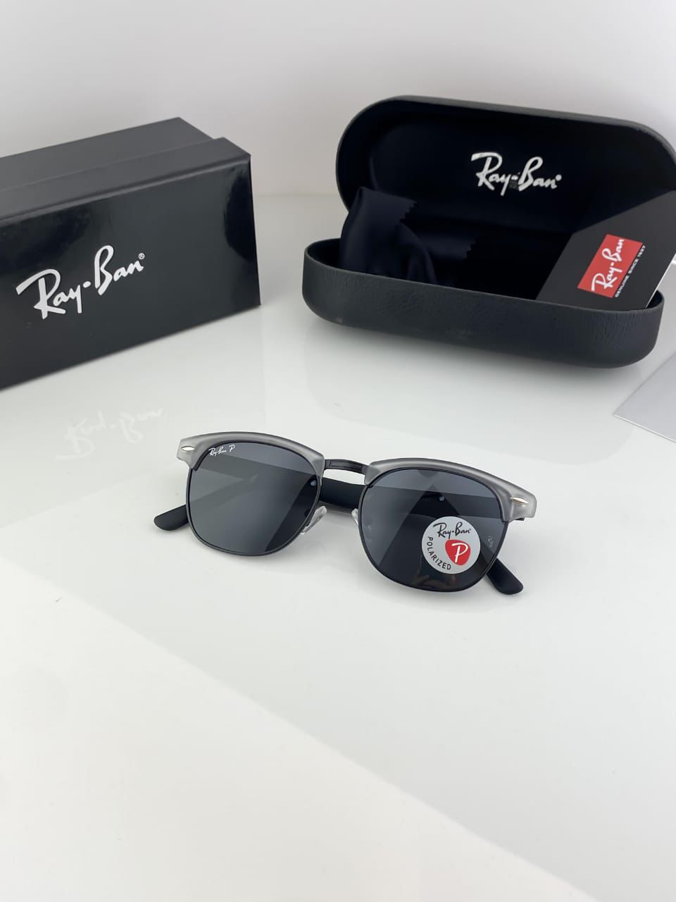 Ray-Ban Clubmaster Polarized Sunglasses – Matte Black & Transparent Grey Frame