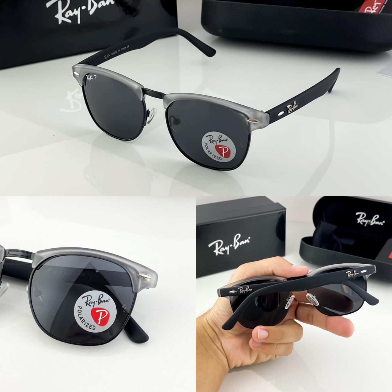 Ray-Ban Clubmaster Polarized Sunglasses – Matte Black & Transparent Grey Frame