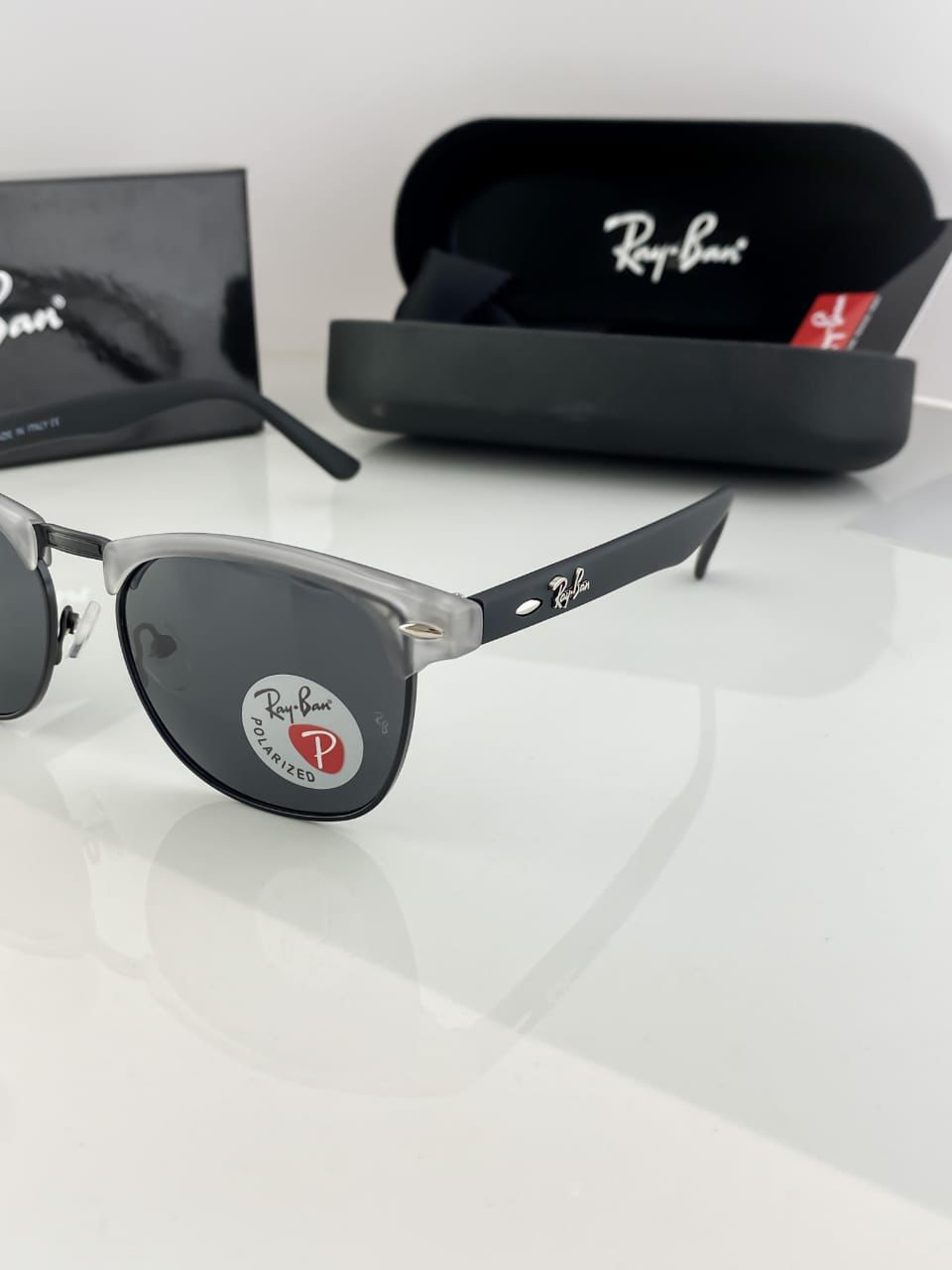Ray-Ban Clubmaster Polarized Sunglasses – Matte Black & Transparent Grey Frame